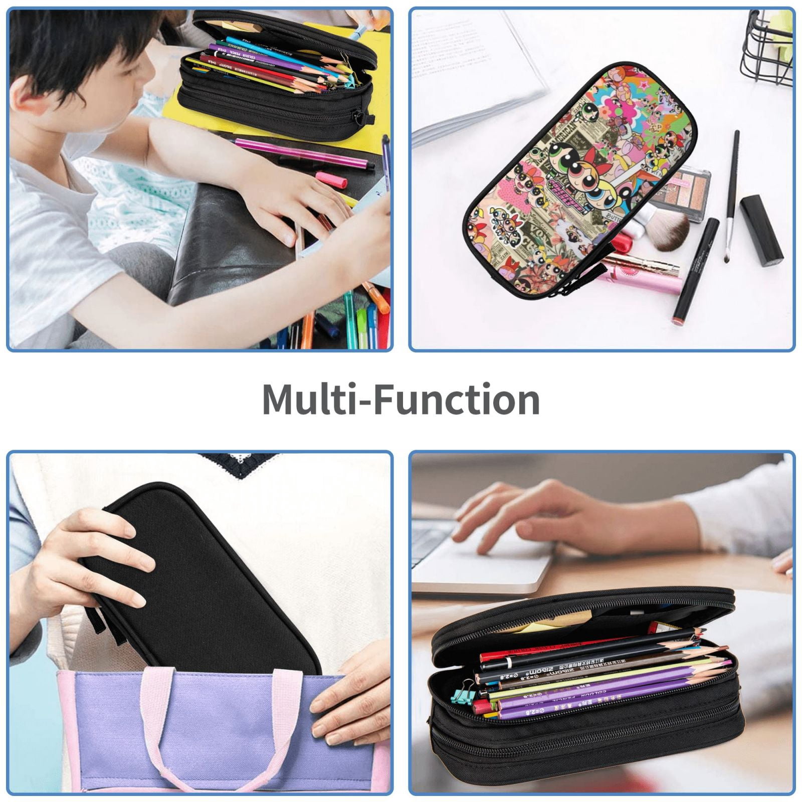 The Powerpuff Gi-rls Pencil Case Large Capacity Pencil Pouch Penbag Office Stationery Organizer Travel Makeup Bag Black