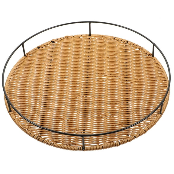 PAMINGONO Woven Round Tray Light Brown PP Iron 1Set 15X15X2In For Home Table Kitchen Decoration