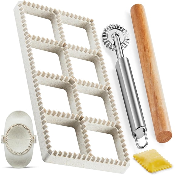 Ravioli Maker Press Set, 1.85" Square Ravioli Stamp Cutter with Wooden Rolling Pin, 2.6" Empanada Maker Press and Ravioli Wheel, Pasta Making Mold Kit Makes 8 Ravioli