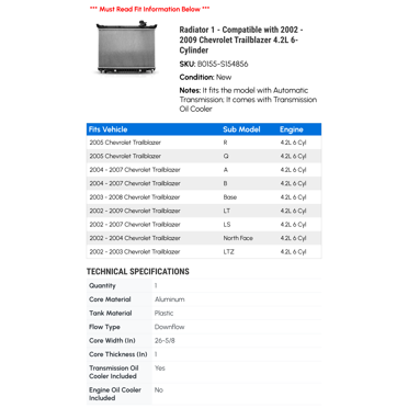 ZRZR All Aluminum Radiator – 2002–2009 Chevy Trailblazer, GMC Envoy, Buick Rainier L6