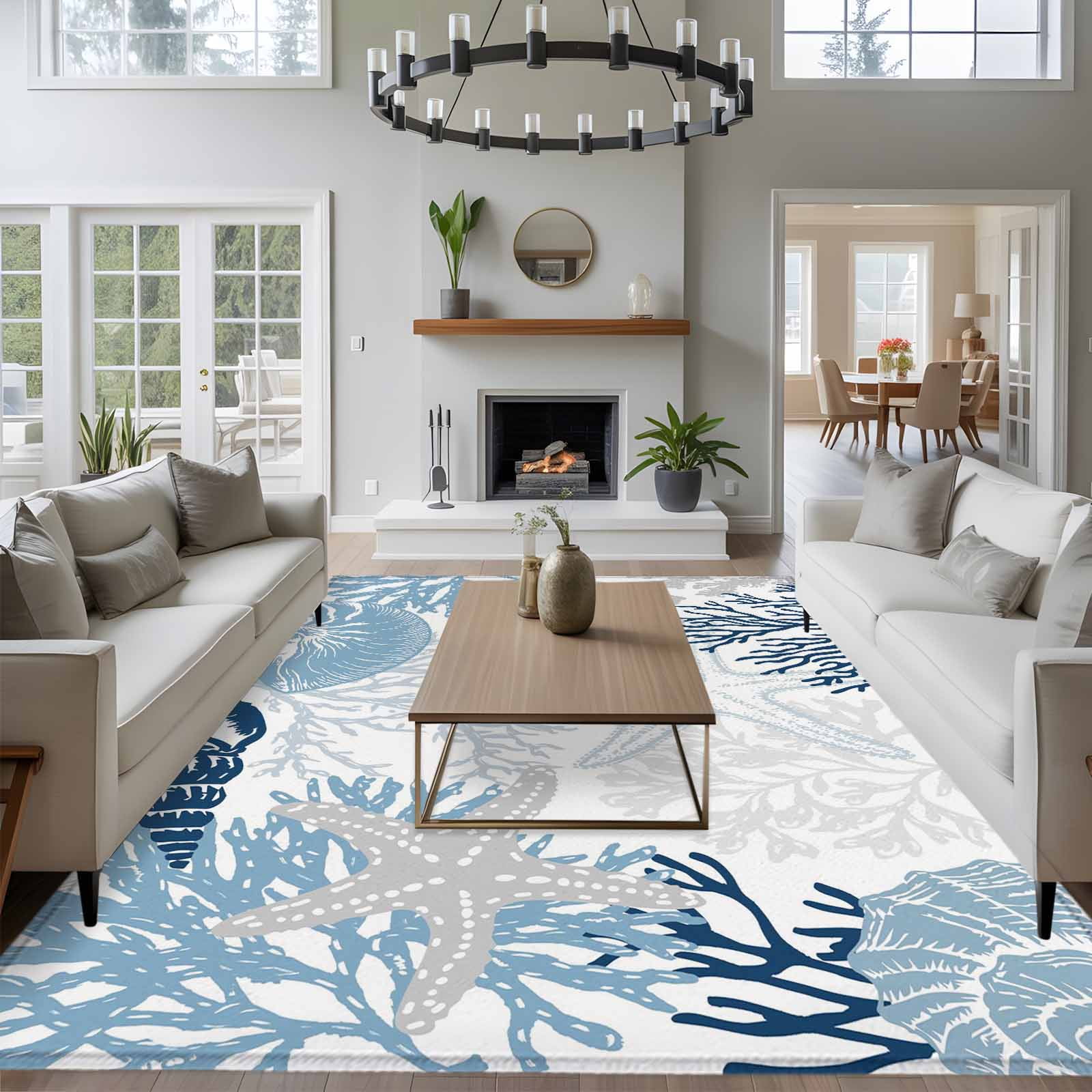 Summer Marine Life 8x10 Area Rug for Living Room Sectional Sofa Graffiti Blue Corals Shell Sea Conch Starfish Washable Non Slip Large Rectangle Area Rug