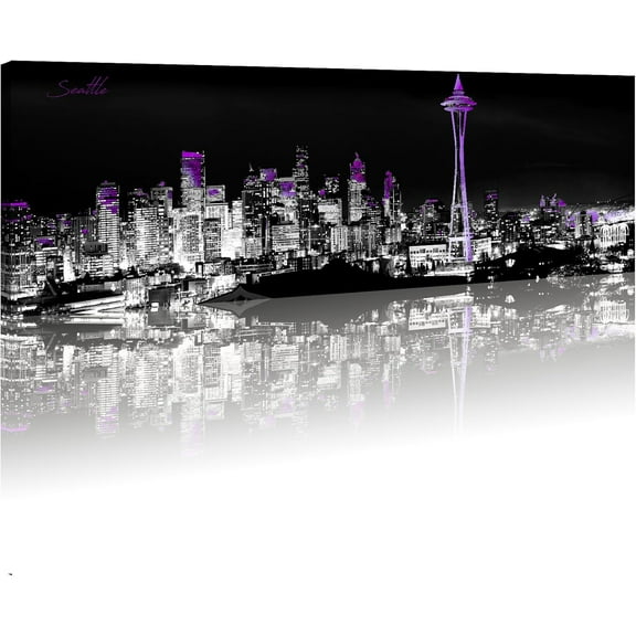 Aaheei Purple Seattle Skyline Canvas Wall Art USA City Night View Bedroom Wall Decor Modern Building Cityscape Panoramic Print Pictures Skyscraper Paintings Modern Artwork Home Decorations