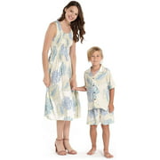 Matching Mother Son Hawaiian Luau Outfit Tank Elastic Dress Shirt in Palm Leaves in 2 Colors