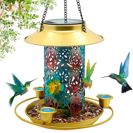 Luniquz Solar Bird Feeder Ourdoor, Solar Metal Waterproof Outside Wild Bird Feeders for Outdoors Hunging, Gifts for Bird Lovers, Lantern Light, Garden Backyard Decoration, Gold