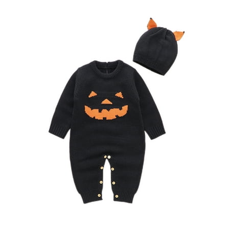 

Glonme Long Sleeve Halloween Romper Baby Loose Party Two Piece Outfits Warm Ribbed Hem Hat And Jumpsuit Sets Black 90cm