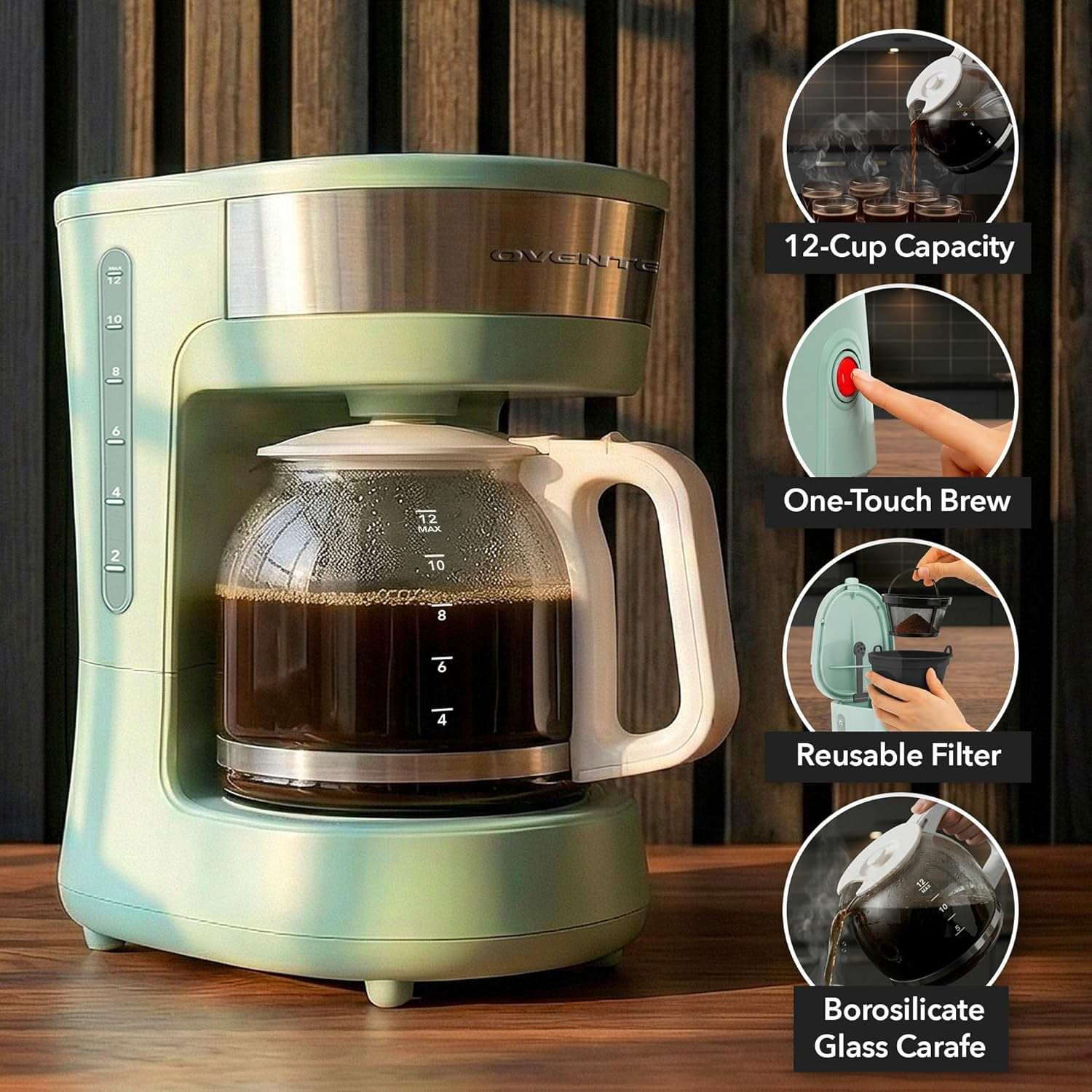 OVENTE 12-Cup Drip Coffee Maker with Borosilicate Glass Carafe, One-Touch Operation Machine, Anti-Drip System, Reusable Filter and Clear View Water Gauge, Ideal for Home or Office, Light Teal CM412LB