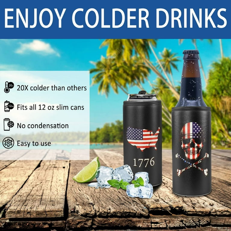 American Flag Skull Skinny Can Cooler for Slim Beer & Hard Seltzer