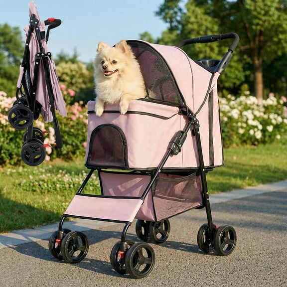 Pet Stroller for Small Dogs, Pink Foldable Dog Stroller with Weather Cover, Breathable Mesh, Storage Basket & Cup Holder, Lightweight, Up to 44 lbs