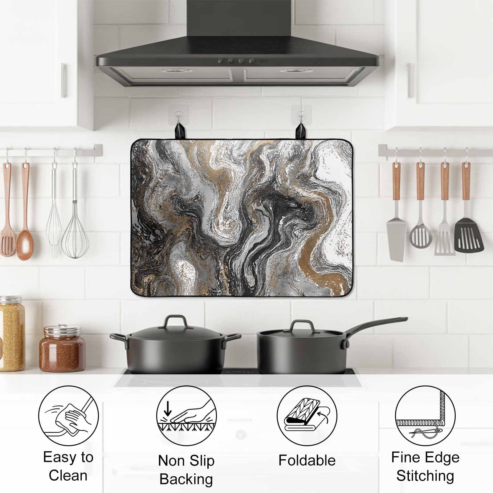 Black Marble Stove Top Cover for Electric Stove, Heat-proof & Non Slip Glass Top Stove Cover Protector, Retro Chic Abstract Mottled Texture Art Kitchen Flat Cooktop Rubber Mat 28.5x20.5 Inches