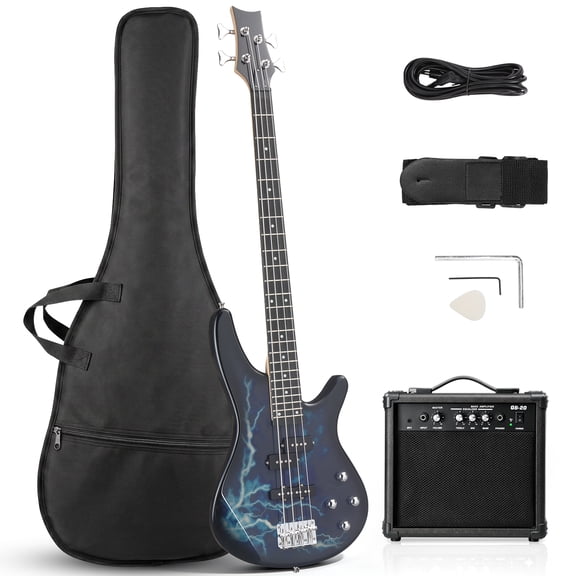 Ktaxon 44in 4 String Lightning Electric Bass Guitar Kit, Lightning Graphic, S-S Pickups, 20W Amp & Full Accessories, Black Blue