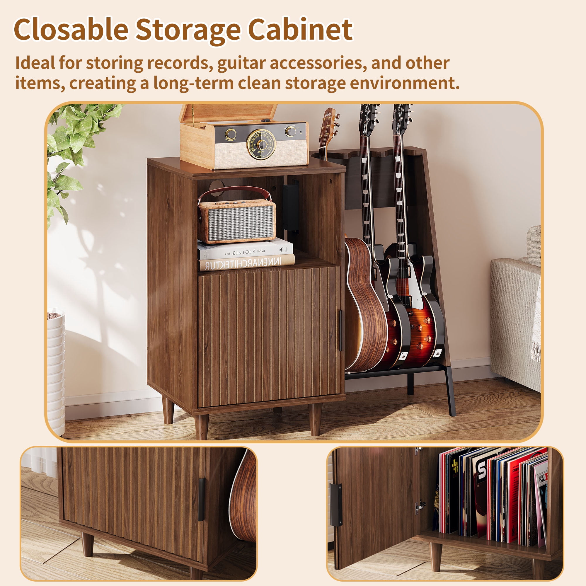 WARAYZ Guitar Stand & Record Player Shelf, Vinyl Record Organizer Cabinet, Acoustic/Electric Guitar Rack with Built-in Power Outlet & Speaker Storage