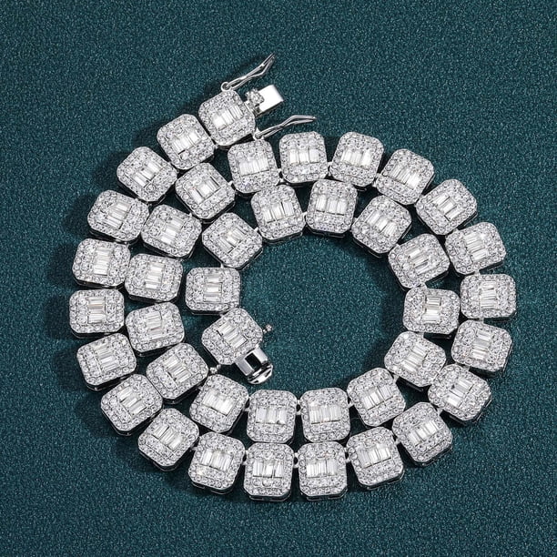 Collar de hip hop con diamantes cuadrados de 13 mm y diamantes redondos, cadena cubana con diamantes completos, collar para hombre