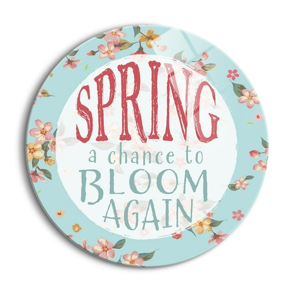Spring Bloom Again Pink Floral Blue 24 inch Glass Wall Hanging Sign