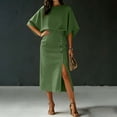 thumbnail image 6 of Women's Summer Two Piece Outfits Round Neck Batwing Sleeve Top High Waist Midi Skirts Button Summer Office Business Outfit Matching Sets for Women Green M, 6 of 7