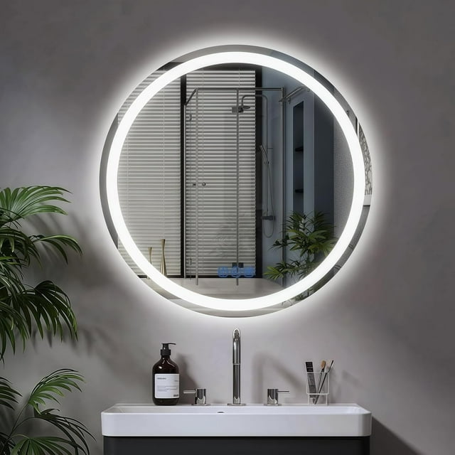 BBTEQEKN Miroir Rond à LED de 24 Pouces avec Lumière, Miroir Mural Anti-Buée, Luminosité Réglable, Bouton Tactile Intelligent, Incassable, pour Entrée Salle de Bain, Décoration Murale