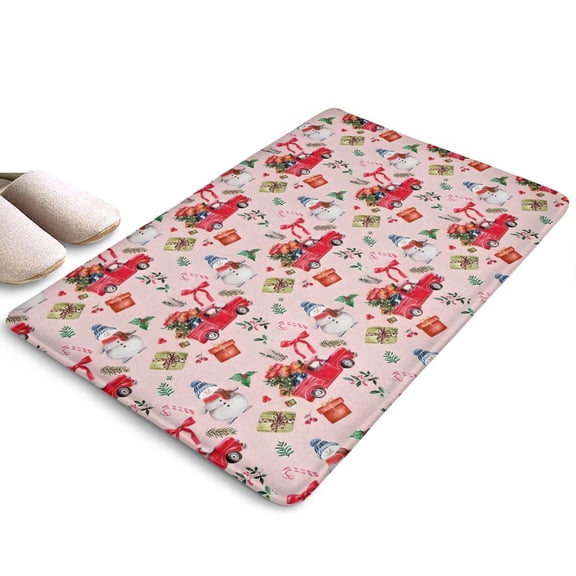 Pink Christmas Red Truck and Snowman Flannel Non Slip Door Rugs,Washable Door Mats Indoor,Decorative Door Mats,Dirt-Resistant and Absorbent Doormat for Entrance,Bedroom,Kitchen,Bathroom,23.5"x16"