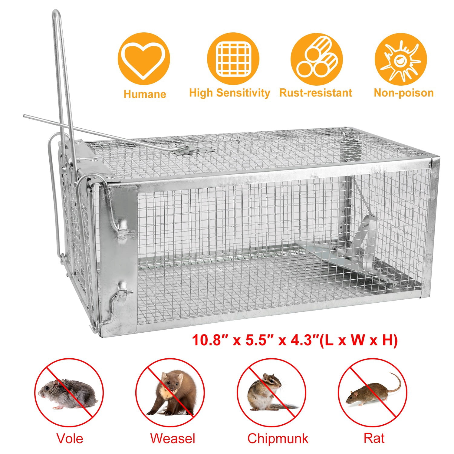 ZephyPaws Heavy Duty Squirrel Trap,Humane Live Rodent Trap Cage for Chipmunk,Rat and Other Similar-Sized Rodents -Silver
