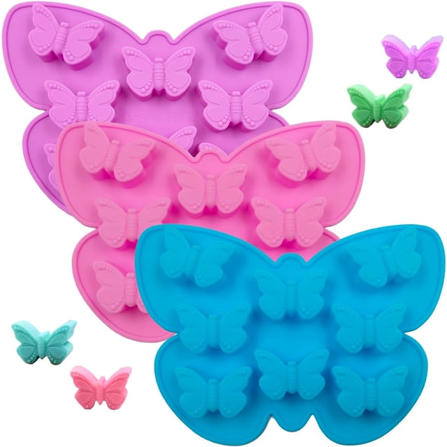 3 PCS Mariposa Molde de Silicona, Chocolate Caramelo Gummy Hornear,Mariposa Cubo de Hielo para Jalea,Budín,Jabón,Molde de Pastel(Rosa,Azul y Púrpura)