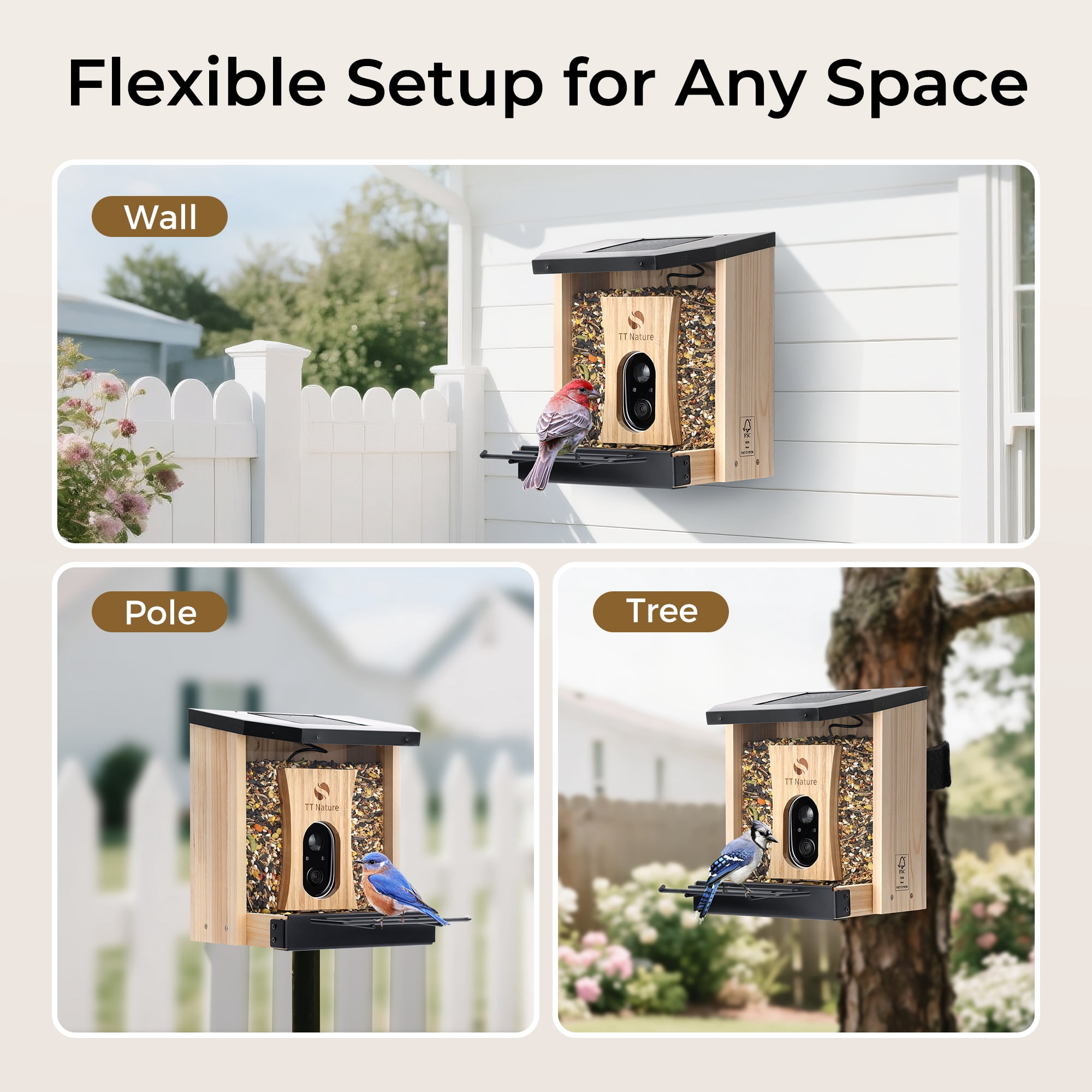 TT Nature Smart Bird Feeder with Camera Solar Powered, AI Identify 10000+ Birds, Weatherproof , Eco-friendly Wooden, Ideal Gift for Bird Lovers