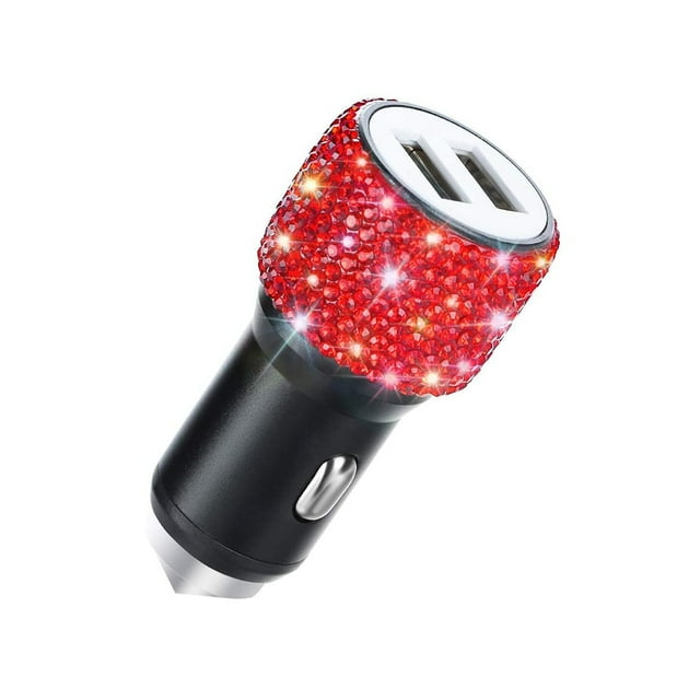 fashionhome Car USB Charger Rhinestone Decoration Dual USB Phone Tablet Charging Adapter DC 5V 2.1A, Red