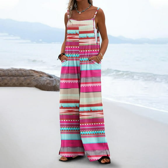 LEBONYARD Women's Overalls in Loose Fit with Pockets,Women Fashion Casual Loose Printed Pockets Sleeveless Back Strap Jumpsuit Hot Pink S