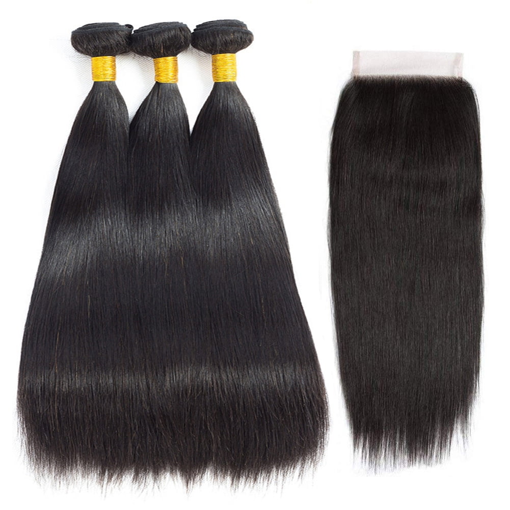 VONAR Straight Bundles Human Hair with Closure (18 20 22+16inch) Brazilian Straight Human Hair 3 Bundles with Lace Closure 4x4 Free Part Natural Color