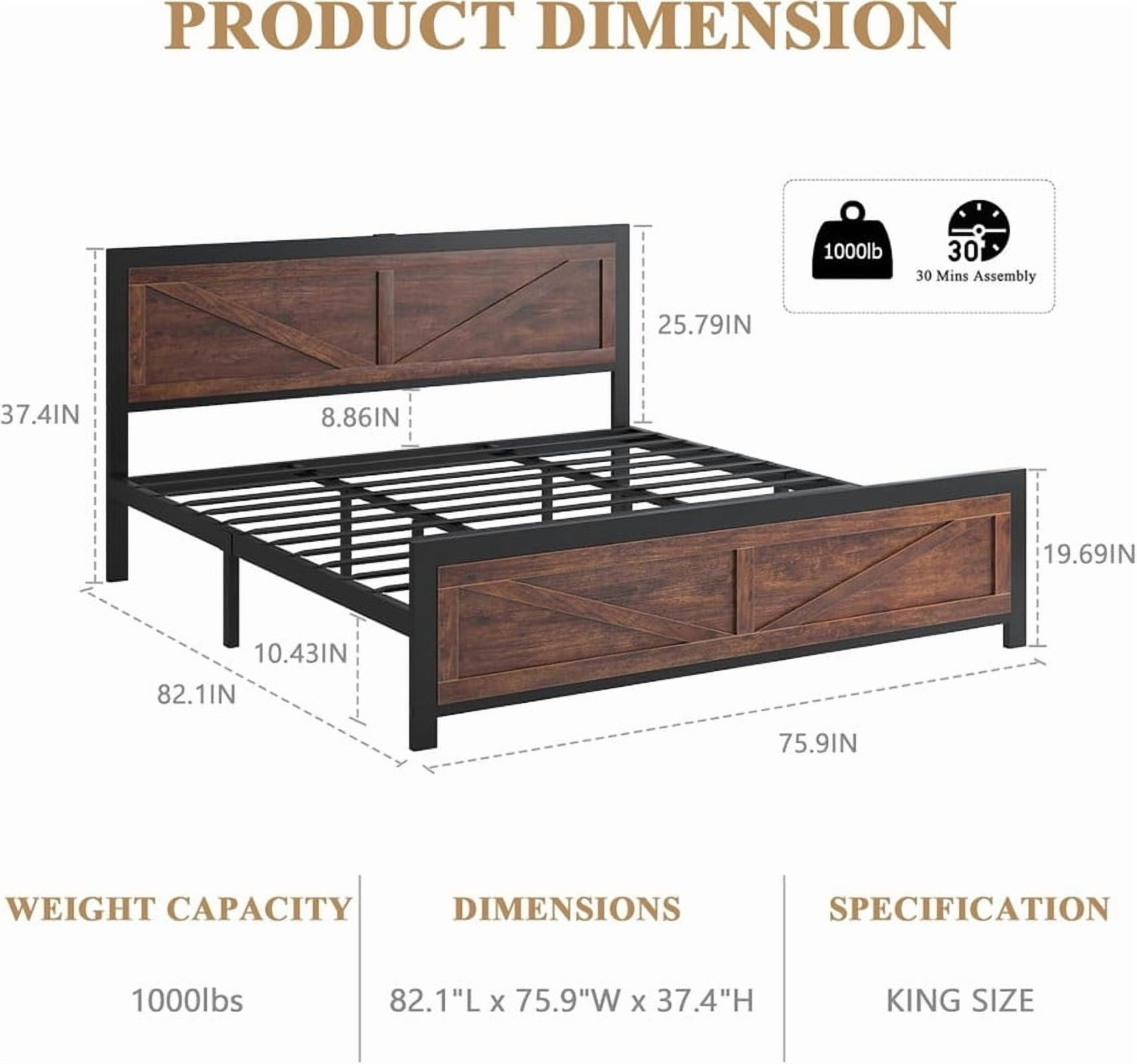 THKVUH King Size Platform Bed Frame with LED Lights, USB Charging, and Farmhouse Barn Door Headboard, Strong Metal Slats Support, Noise Free, No Box Spring Needed, Brown