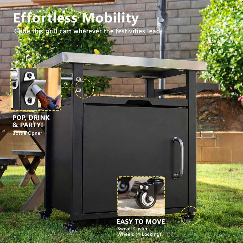 Outdoor Grill Cart with Stainless Steel Top, Outdoor Bar Cart Prep Table Pizza Oven Table with Wheels, Spice & Paper Rack