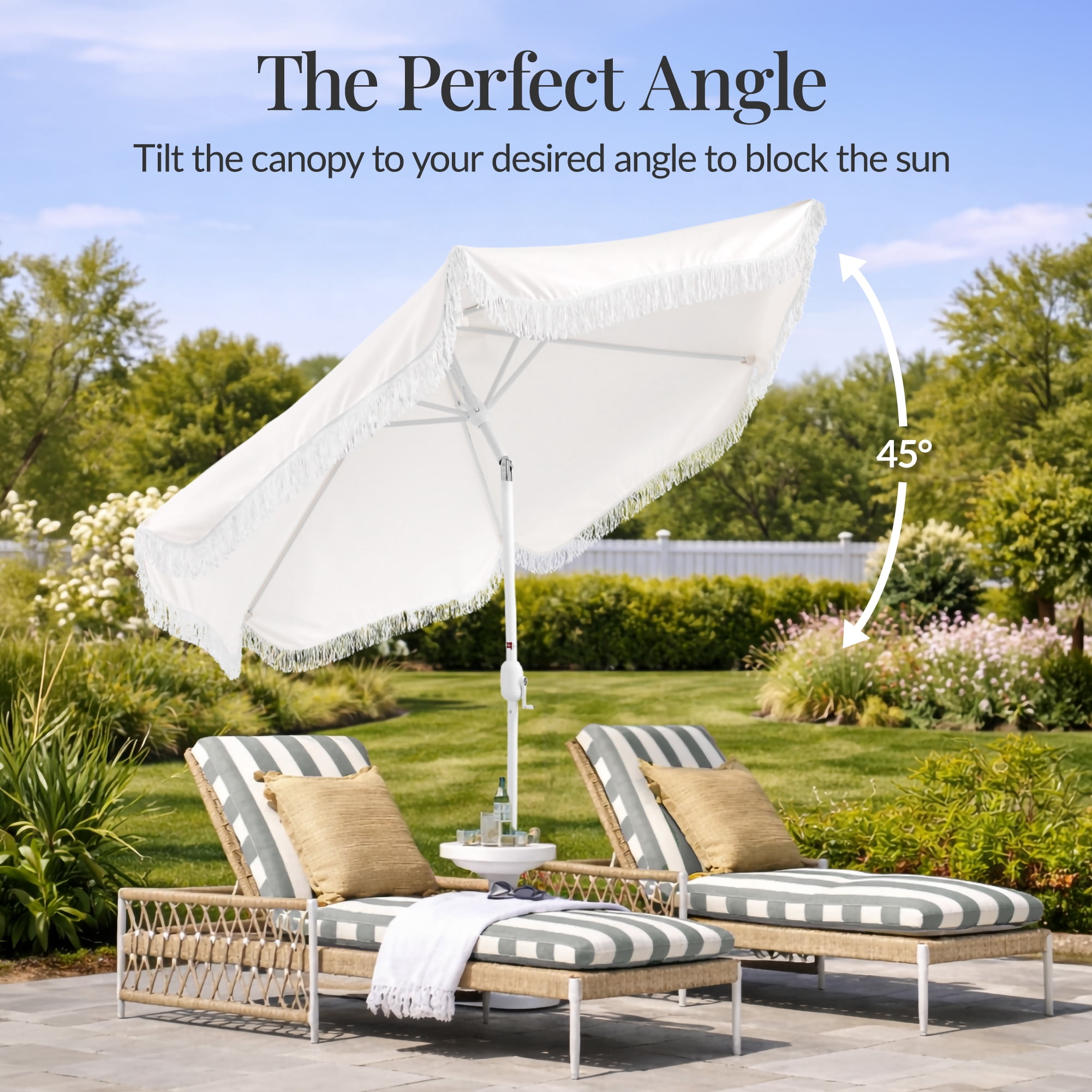 Best Choice Products 9ft Fringe Market Umbrella  Boho Patio Sunshade w/ Tilt, UPF50+ - White