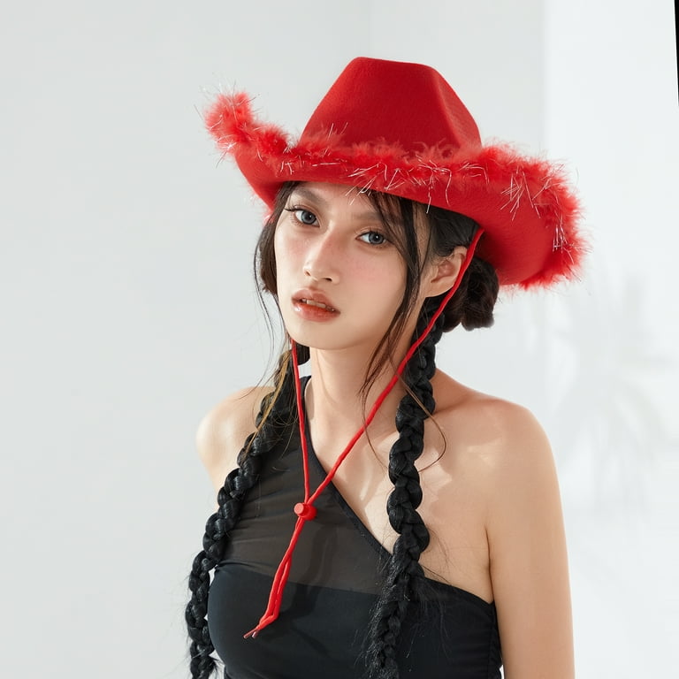 Cowboy Hat for Women, Adult Furry Trim Wide Brim Hat, Female Cap