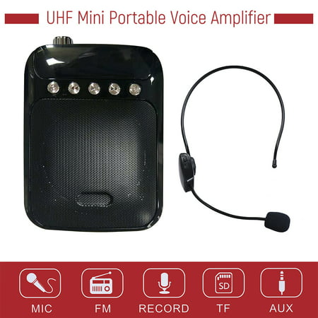 UHF Mini Portable Voice Amp Amplifier Loudspeaker FM Radio with Wireless Headset Microphone Mic Support TF