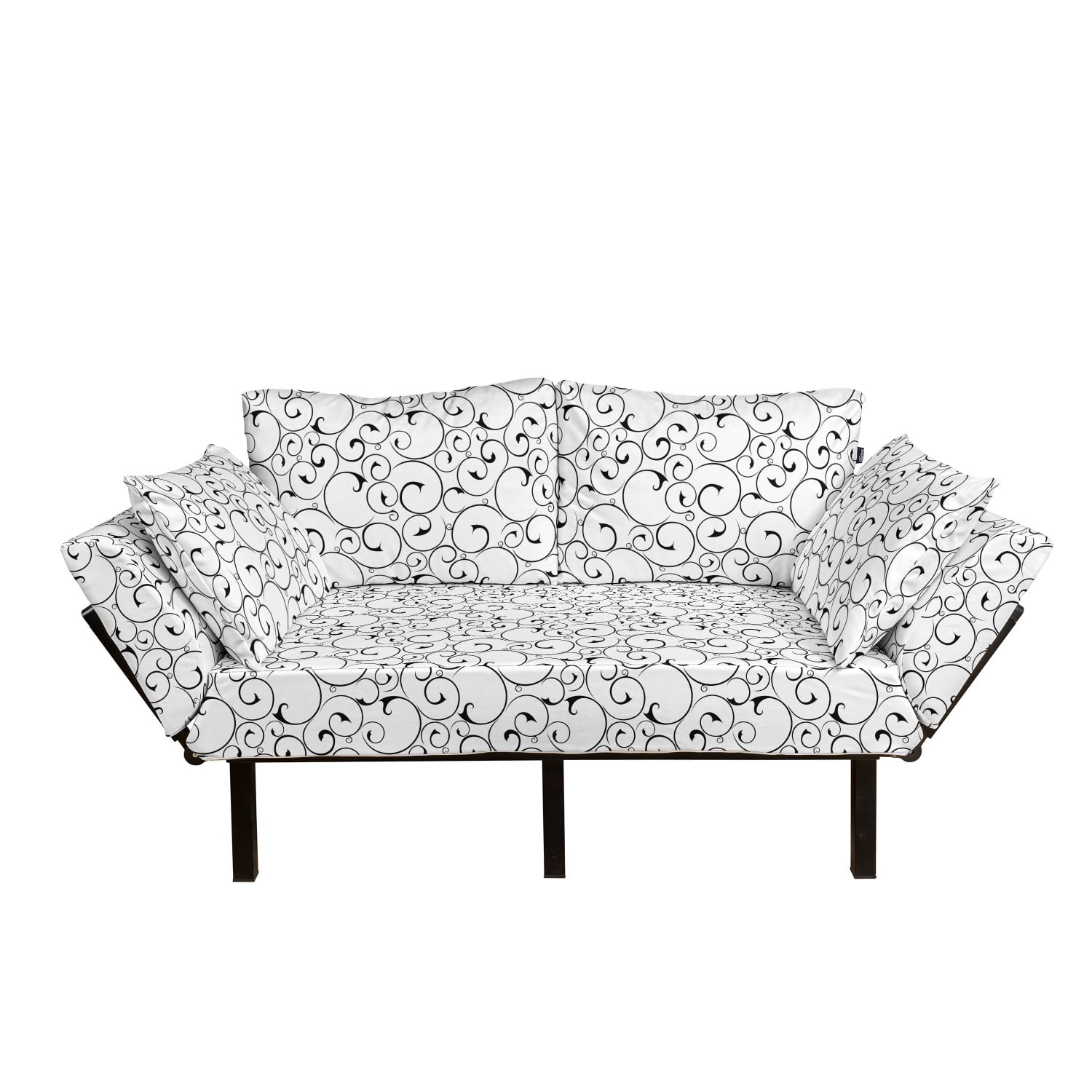 Black and White Futon Couch, Vintage Swirls Pattern with Monochrome