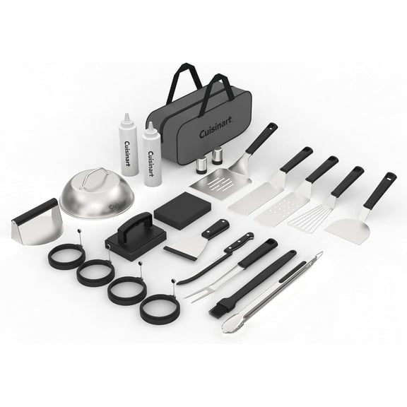 Cuisinart 24-Piece Griddle Tool Set with Storage Tote, Stainless Steel Flat Top Grill Accessories with Spatulas, Melting Dome, Smash Burger Press, Scraper & Tongs, Perfect for BBQ, Tailgates, Camping