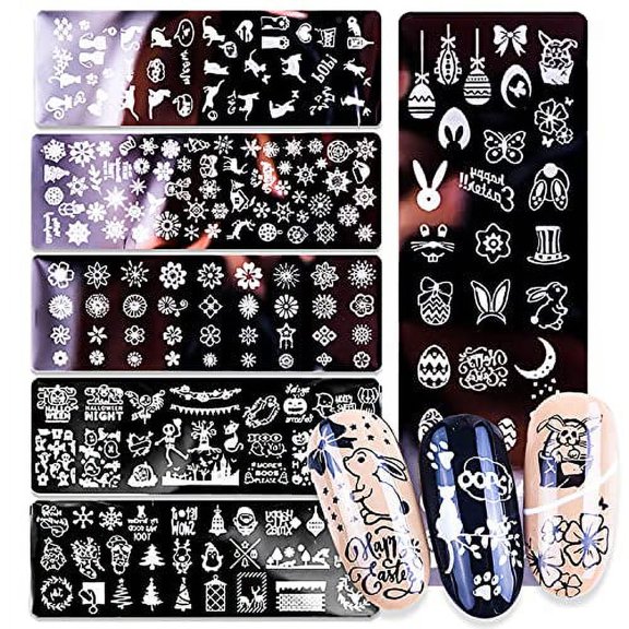 Nail Stamping Plate, DANNEASY 6 Pieces Nail Stamp Kit Nail Stencils Manicure Template With Nail Stamper, Scraper, Storage Bag (Holiday Style)