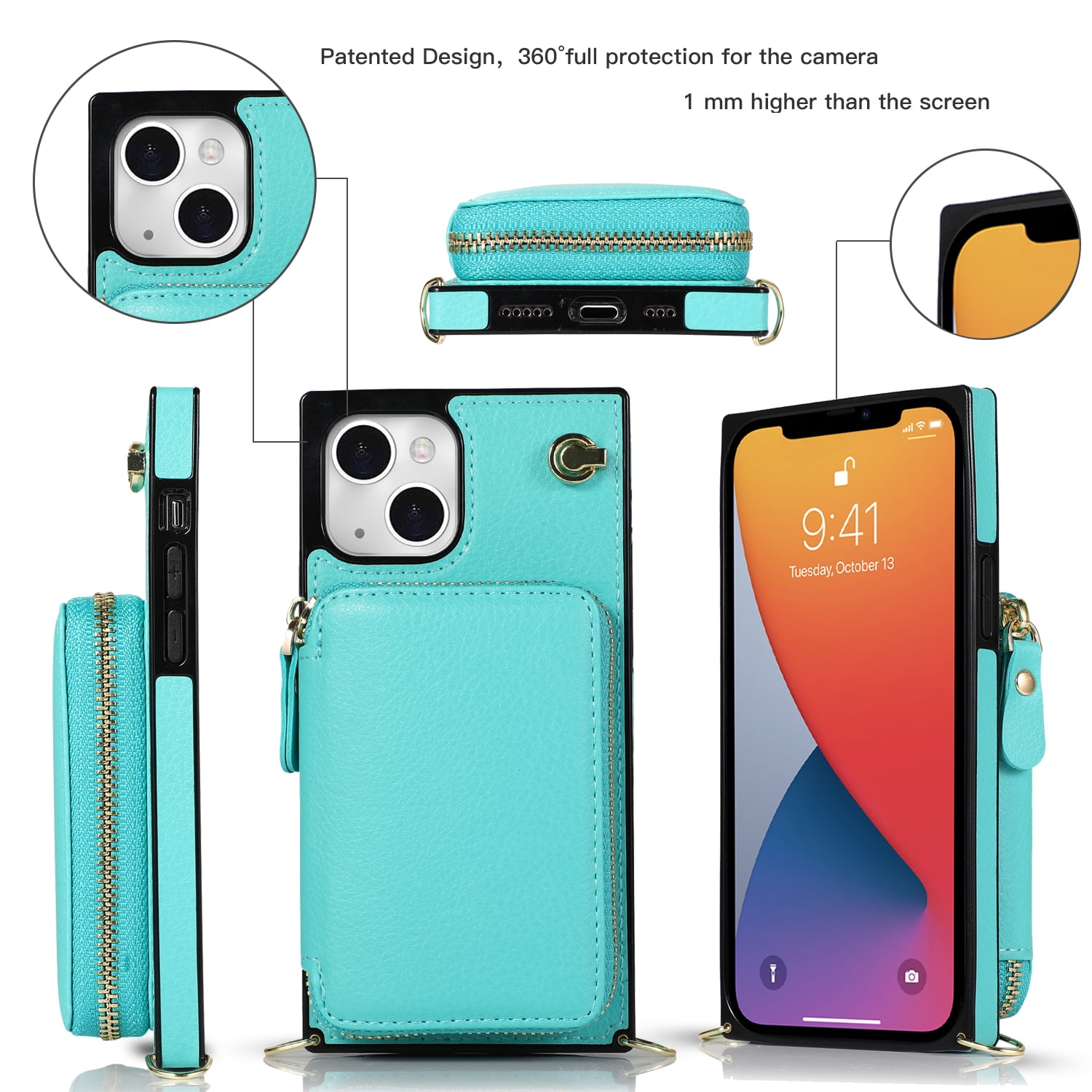 TECH CIRCLE For iPhone 12 Mini Wallet Case,Card Holder Phone Case for Women, Zipper PU Leather Purse Kickstand Folio Flip Case with Crossbody Strap for Apple iPhone 12 mini 5.4" 2020,Mint