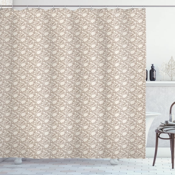 Floral Shower Curtain, Scroll Style Antique Artistic Spring Blossoms and Leaves with Vintage Effect, Fabric Bathroom Set with Hooks, 69W X 84L Inches Extra Long, Cocoa and Cream, by Ambesonne