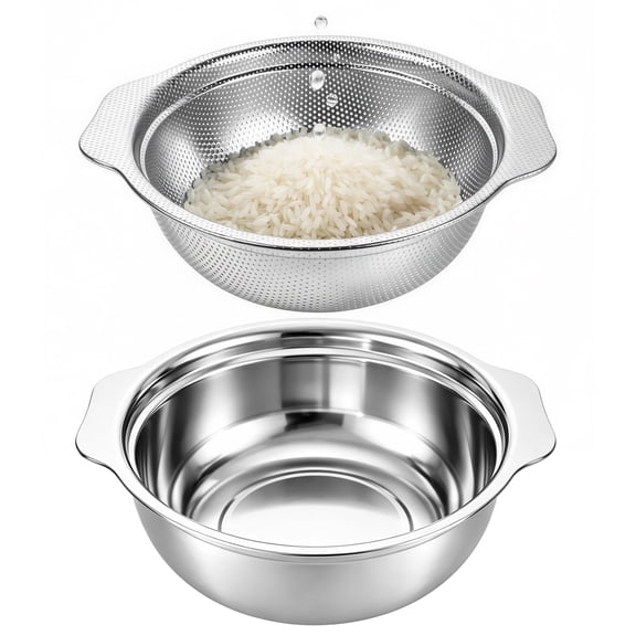 2 Pcs 10 in Stainless Steel Mixing Bowls and 10.24 in Double-Ear Colanders Set, Large Capacity Rice Washing Bowls, Fine Mesh Strainer for Kitchen Countertop Produce, Fruit & Vegetable Prep