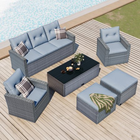 Patio Furniture Set, 6 Pieces Outdoor Conversation Set with Storage Table, Cushioned Outdoor Couch Sectional Set, Rattan Wicker Backyard Deck Sofa with Ottomans, 7-Person Patio Set, Gray
