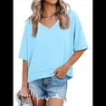 thumbnail image 3 of Camisetas de Verano con Cuello en V para Mujer, Blusas Casuales de Corta, Holgadas y Básicas. Azul XXL, 3 of 9