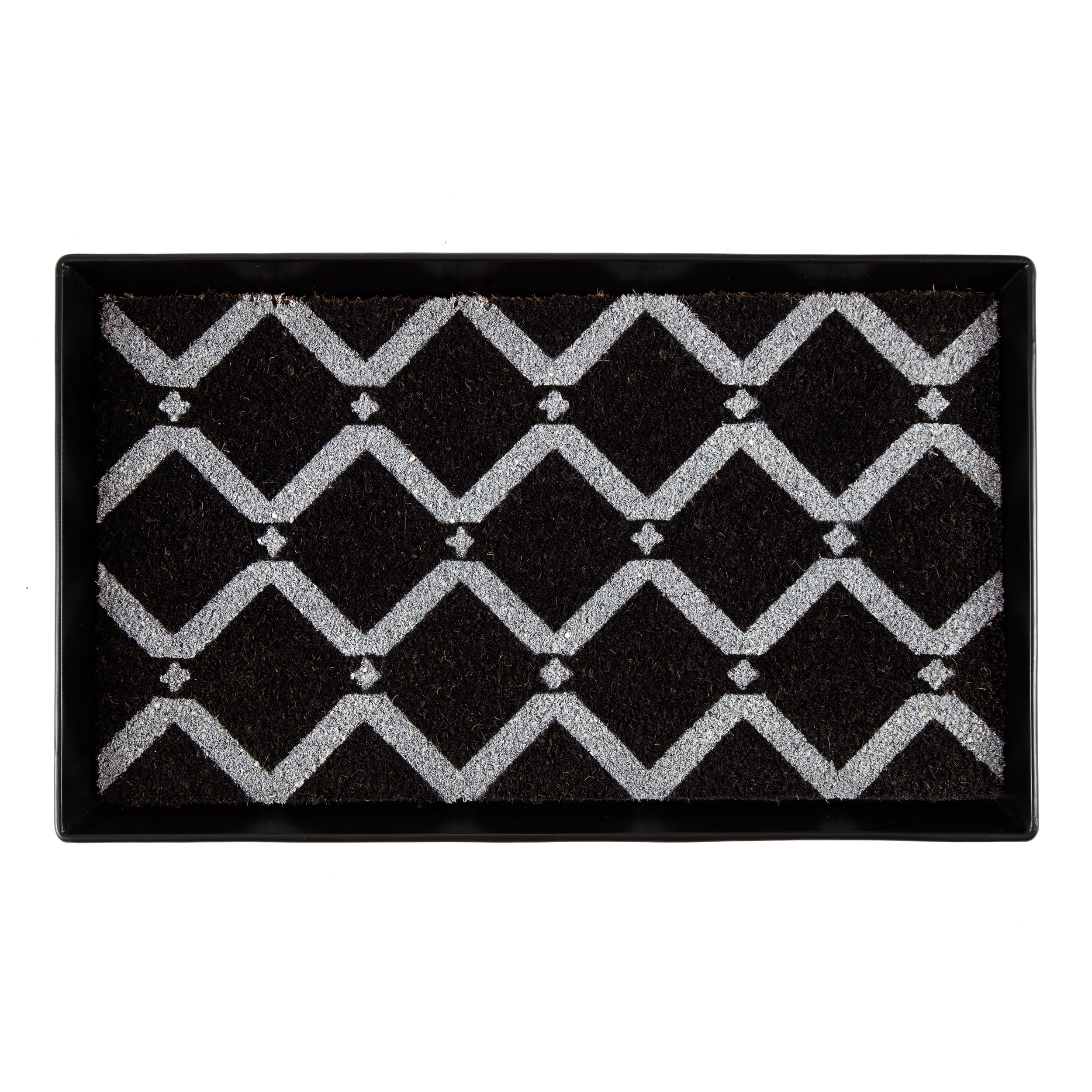 Black Metal Boot Tray with Black & Ivory Diamond Coir Insert