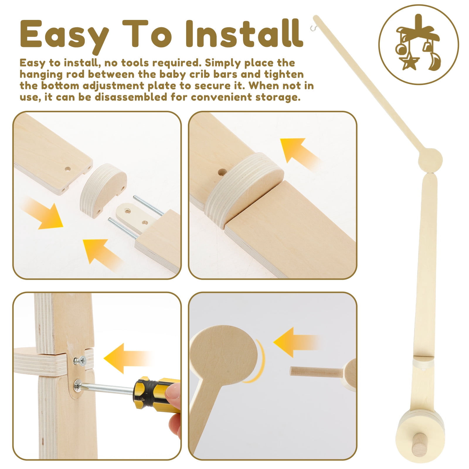 Wekvgz Wood Crib Mobile Arm with 2 Heights Practical Baby Crib Mobile Arm Easy to Install for Hanging Bed Bell Baby Bed Toys