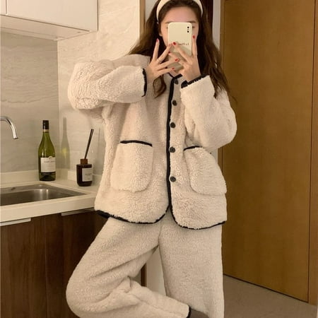 Women Fleece Pajamas Set Winter Sleepwear Solid Velvet 2 Piece Pant Home  Suit Fluffy Casual Pajamas Warm O-neck Night Wear 2023