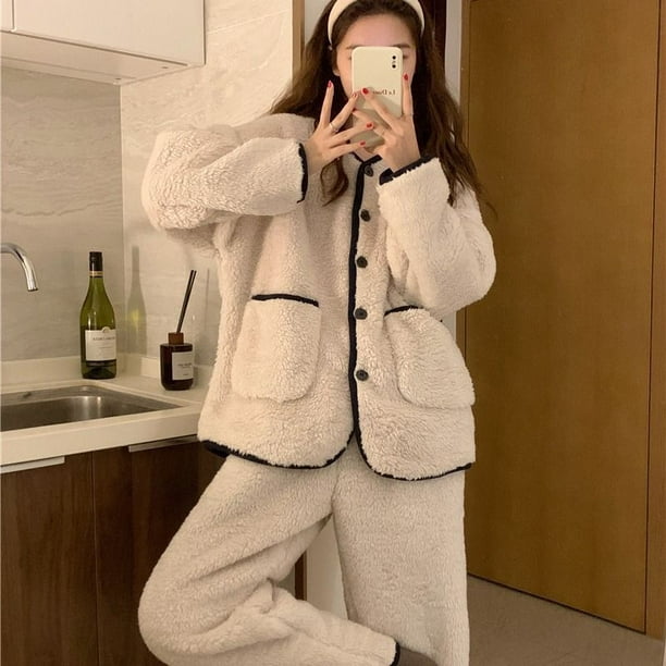 Lace Women Pajamas Set Winter Sleepwear Fleece 2 Piece Pant Home Suit Fluffy  Casual Piiama Warm O-neck Button Night Wear 2023 