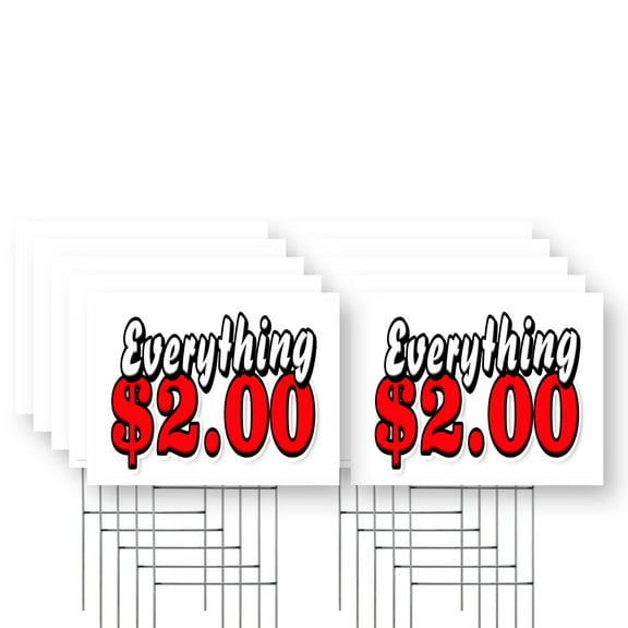 Everything 2 Dollars Yard Sign 10 Pack of 12 Inch x 16 Inch Single Sided Weatherproof Heavy-Duty Plastic with Stake | Bargain Prices, Dollar Store Specials, Reliable Quality | Made in