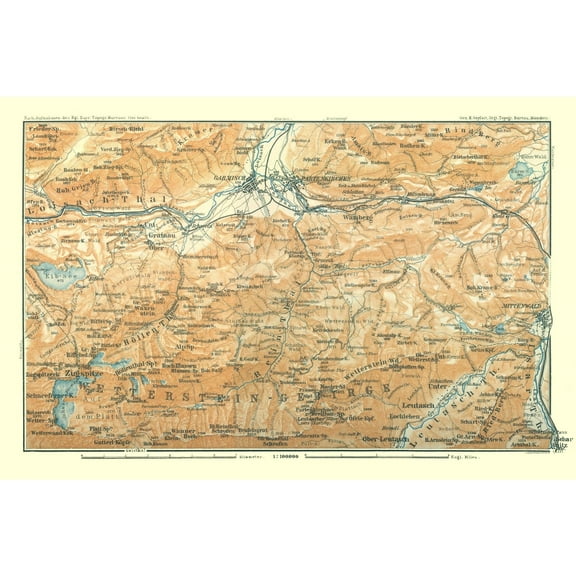 Historic Map - Wetterstein Mountains Germany - Baedeker 1914 - Vintage Wall Art