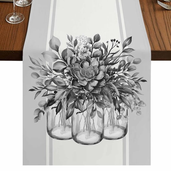 Eucalyptus Gray Table Runner 120 Inches Long,Stripes Bottle Flower Cactus Plant Cotton Linen Table Runners Dresser Scarves,Decorative Tabletop Scarf Furniture Cover for Home Dinner Party 13"x120"
