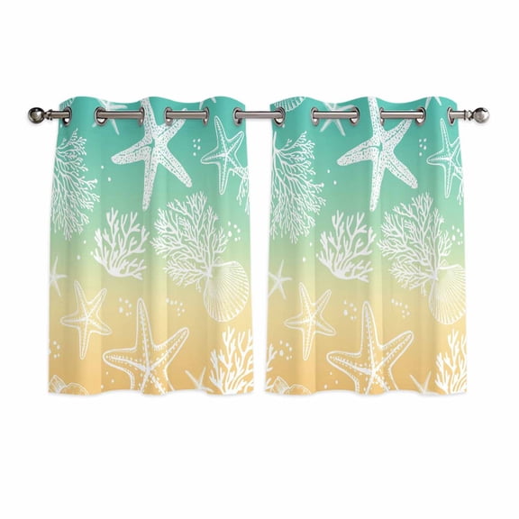 Teal Yellow Ombre Coastal Kitchen Curtains Window Panels, Sea Nautical Summer Beach Starfish Coral Insulated Window Treatment Curtain, Grommet Curtains for Bedroom/Living Room, 2 Piece 42"Wx45"L