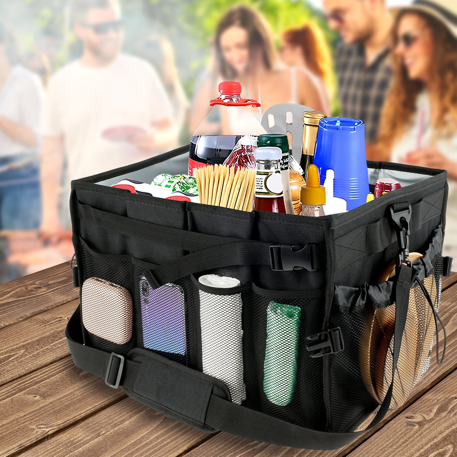 OMAIA RNAB08XJQ1PZ7 omaia bbq and grill caddy with paper towel holder, wood  handle & 2 hooks - camper accessories condiment caddy - plates, cutle