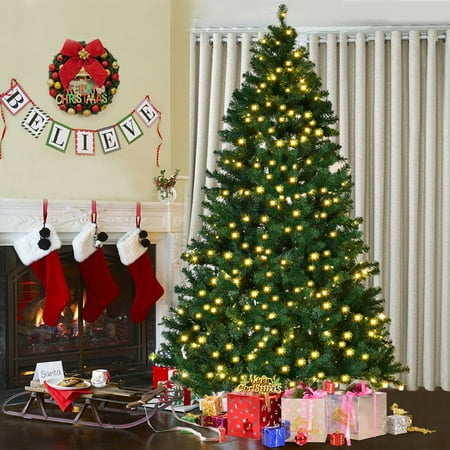 Christmas Trees Costway 7Ft/7.5Ft/8Ft Pre-Lit PVC Artificial Christmas Tree Hinged w/ 300/400/430 LED Lights & Stand Green ()
