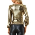 thumbnail image 3 of INSPIRE CHIC Women's Metallic Shimmer Glitter Bishop Sleeve Scoop Neck Party Top Shirt XS Gold, 3 of 6